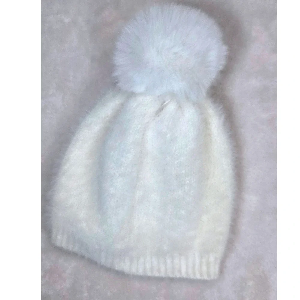 Snowflake Beanie Kids Fuzzy Knit OS White Sequin Pom Pom Hat Y2K Winter Holiday